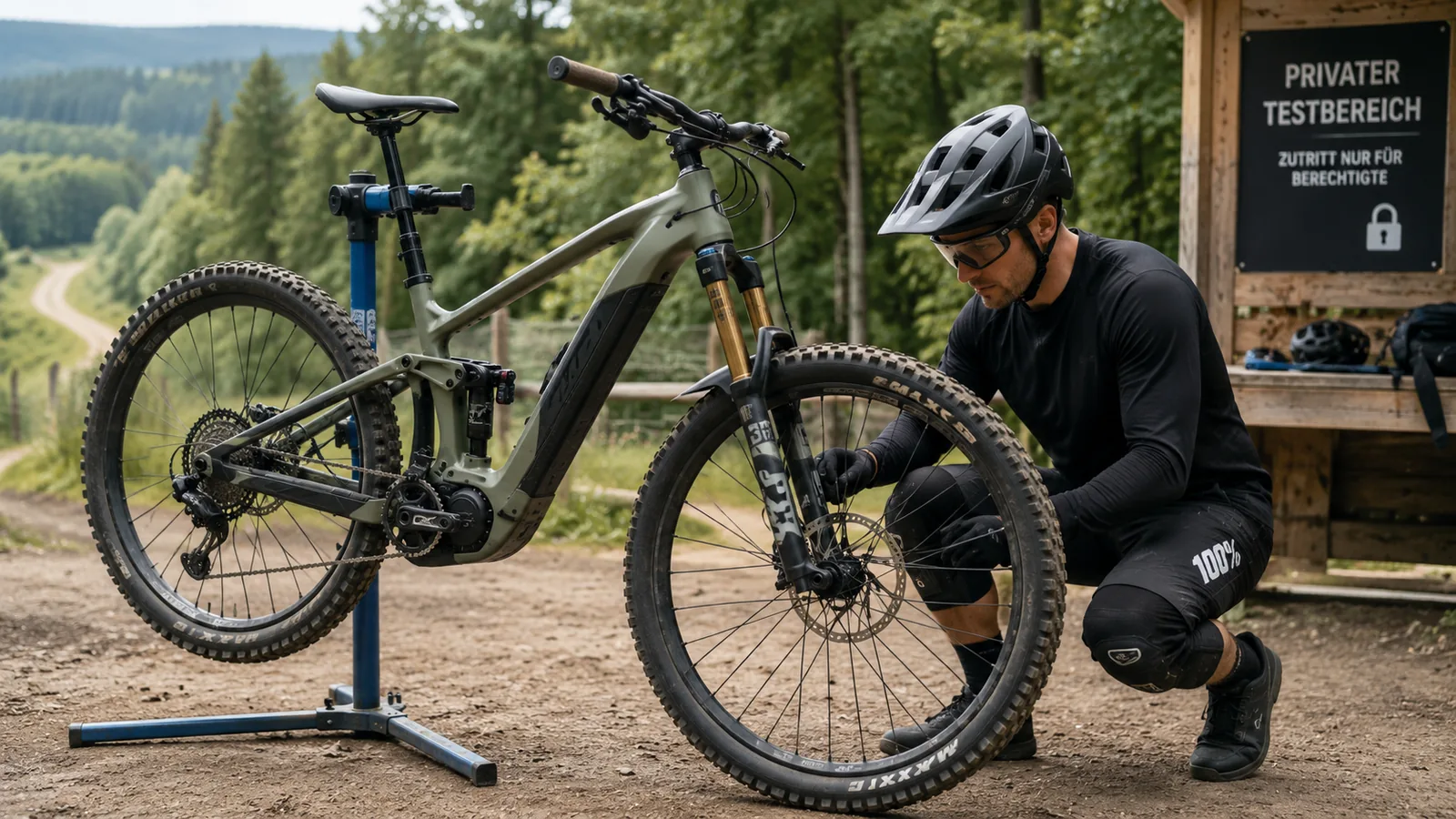 E-Mountainbike auf Montageständer wird geprüft, Schild Privater Testbereich Zutritt nur für Berechtigte