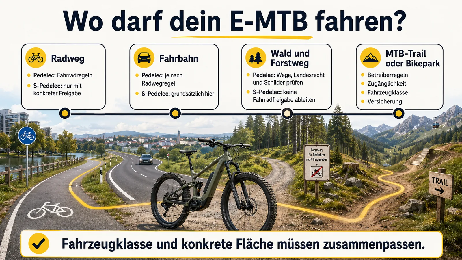 Infografik: Wo darf dein E-MTB fahren – Radweg, Fahrbahn, Wald und Forstweg, MTB-Trail und Bikepark