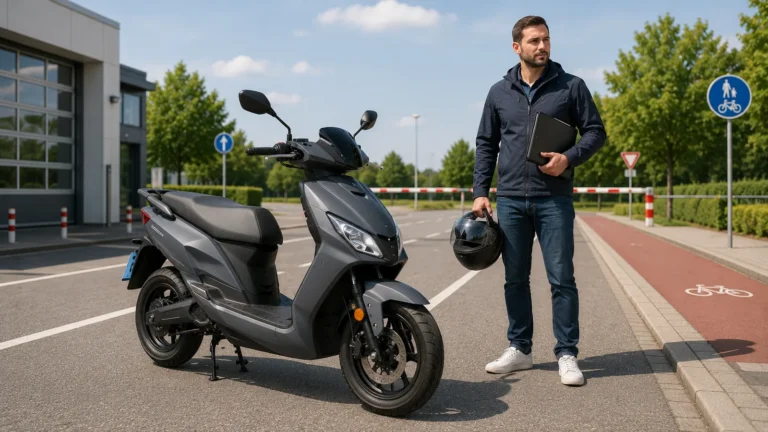 E-Roller mit 45 km/h, Helm und Fahrzeugunterlagen auf einem Verkehrsübungsplatz
