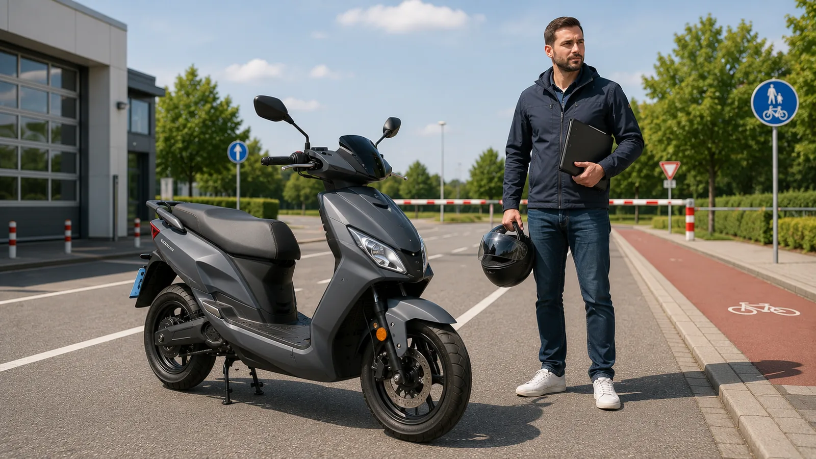 E-Roller mit 45 km/h, Helm und Fahrzeugunterlagen auf einem Verkehrsübungsplatz