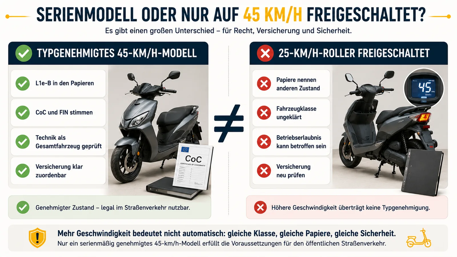 Typgenehmigter 45-km/h-E-Roller und freigeschalteter 25-km/h-Roller im Vergleich