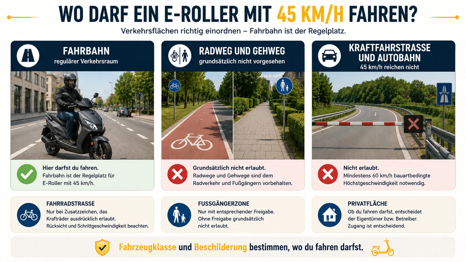 Fahrbahn, Radweg und Kraftfahrstraße für E-Roller mit 45 km/h