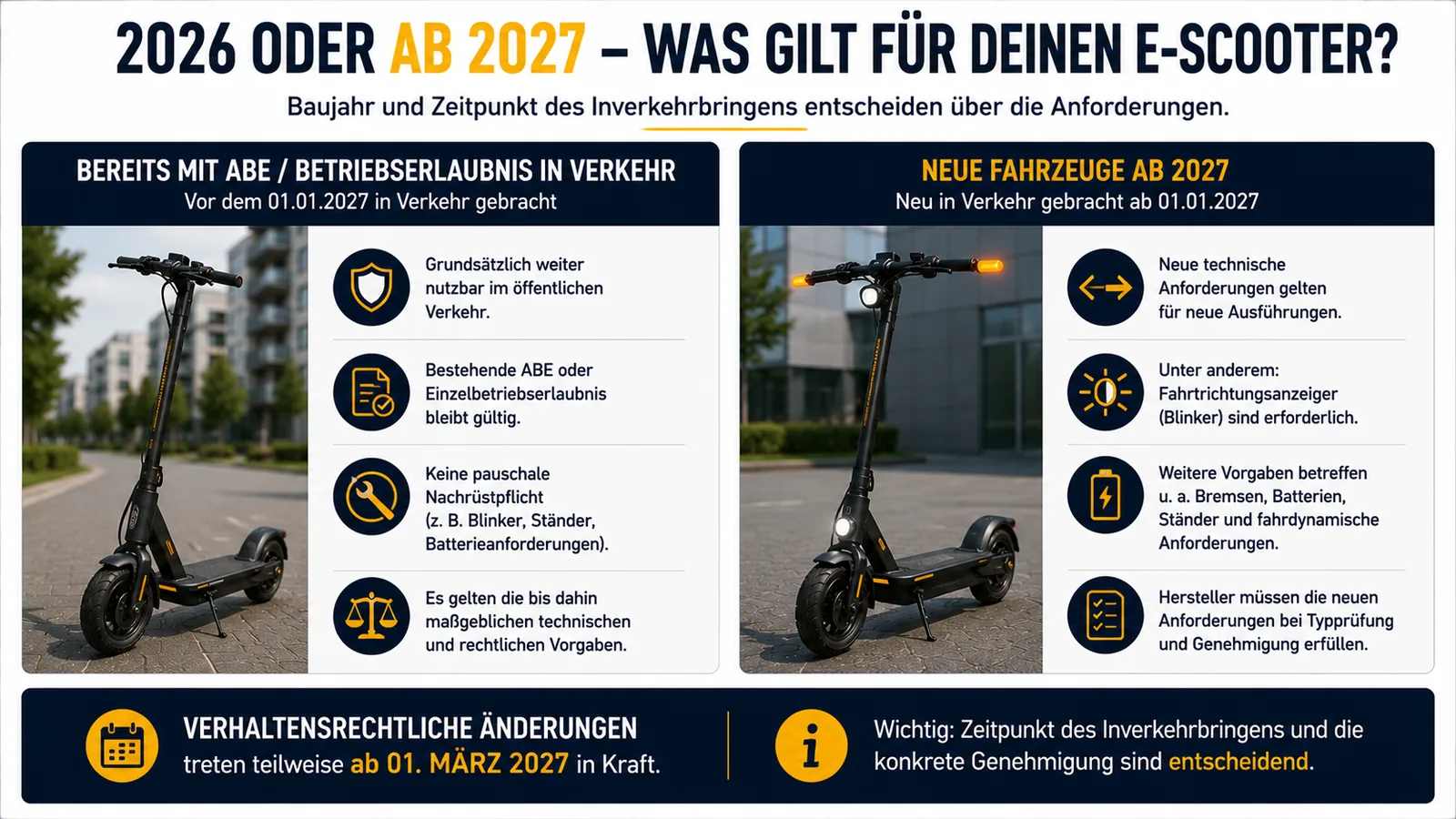 Vergleich: bereits mit ABE oder Betriebserlaubnis in Verkehr gebrachte E-Scooter bleiben nutzbar, neue technische Anforderungen gelten für neue Fahrzeuge ab 2027