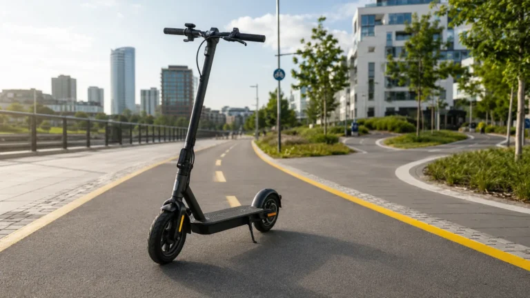 E-Scooter auf Radweg als Symbol für die 20-gegen-25-kmh-Debatte in Deutschland und Europa