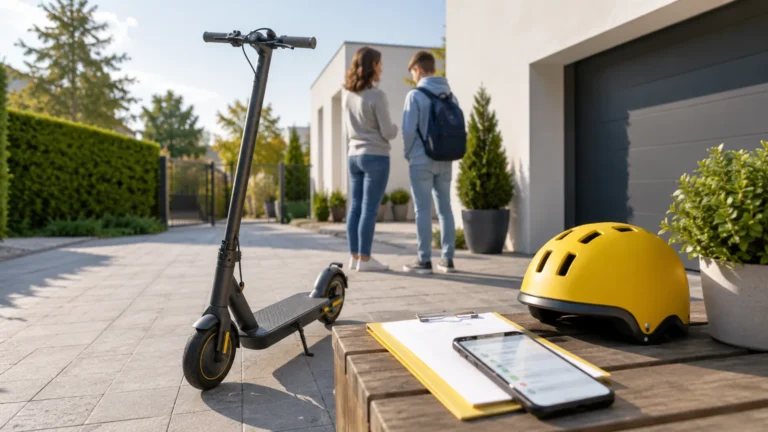 Eltern prüfen mit Teenager einen E-Scooter vor der ersten Fahrt ab 14 Jahren