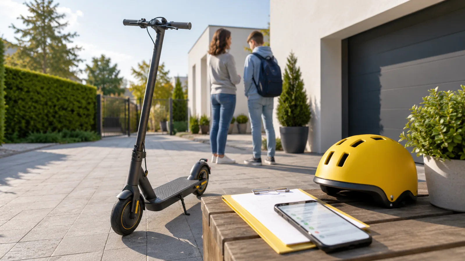 Eltern prüfen mit Teenager einen E-Scooter vor der ersten Fahrt ab 14 Jahren