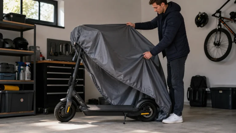 Person zieht eine passende Abdeckhaube über einen sauberen und trockenen E-Scooter in einer ordentlichen Garage
