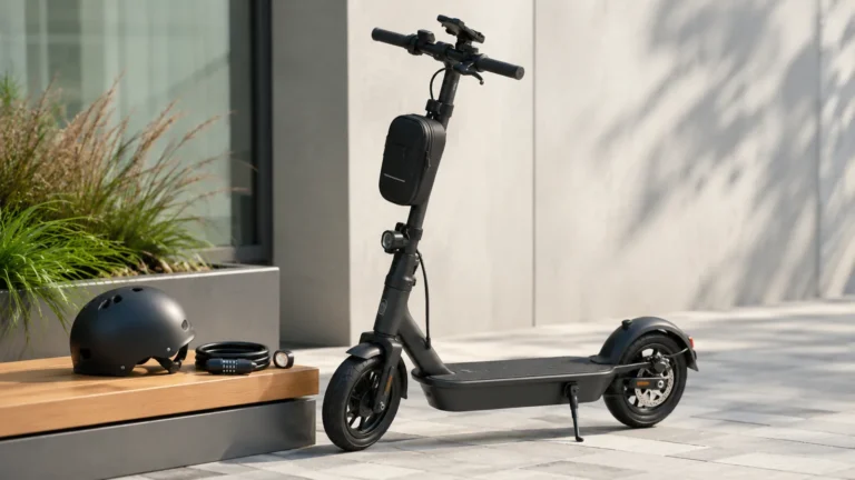 Schwarzer E-Scooter in praller Sommersonne neben Helm und Schloss auf einer Holzbank