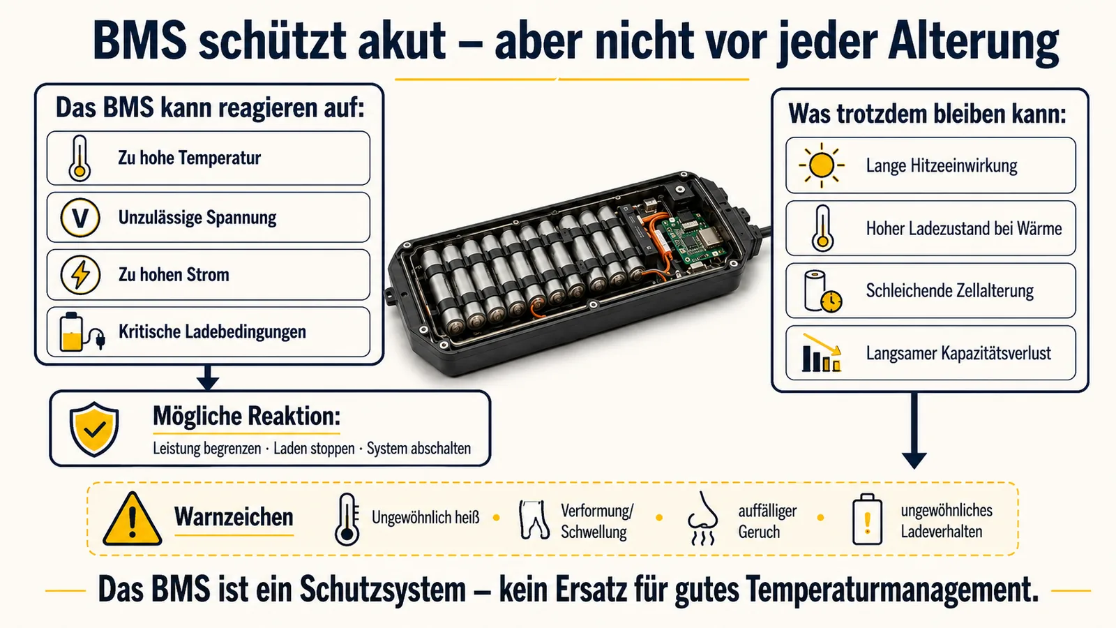 Übersicht worauf das BMS reagiert und welche Alterung trotzdem bleibt, mit Warnzeichen