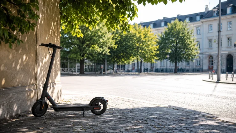 E-Scooter steht im Schatten eines Baumes an einem sonnigen Sommertag in der Stadt