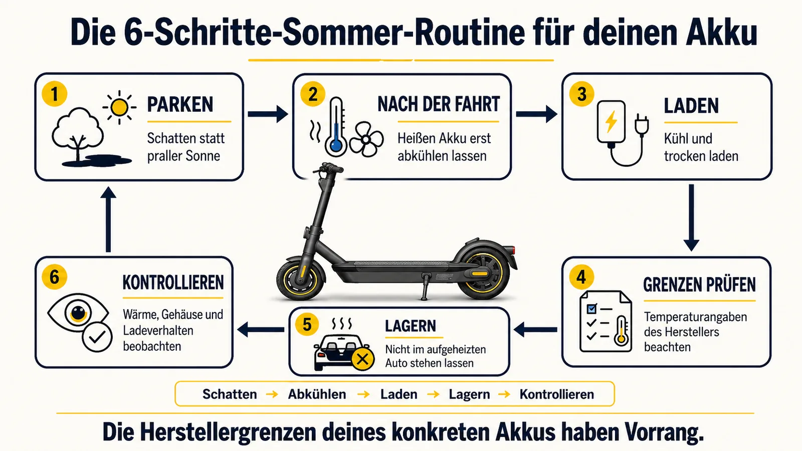 Sechs Schritte der Sommer-Routine für den E-Scooter-Akku von Parken im Schatten bis Kontrolle