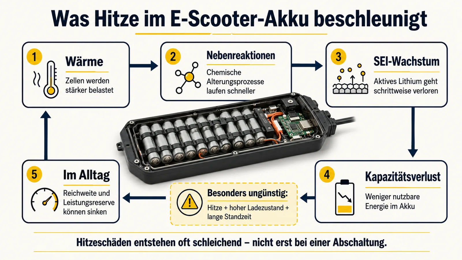 Ablauf wie Hitze im E-Scooter-Akku Nebenreaktionen, SEI-Wachstum und Kapazitätsverlust beschleunigt