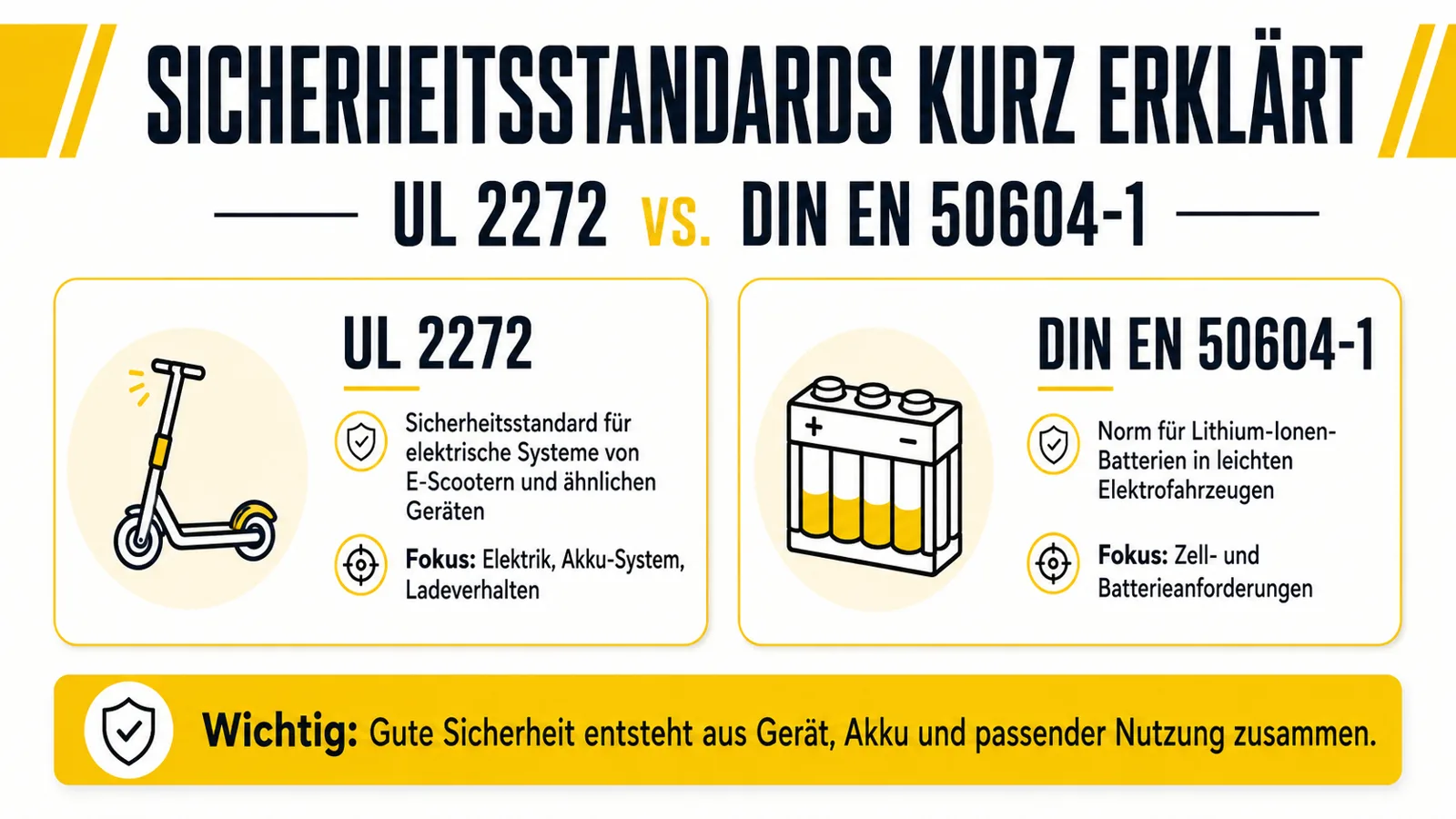 E-Scooter-Akku-Sicherheitsstandards UL 2272 und DIN EN 50604-1 im Vergleich