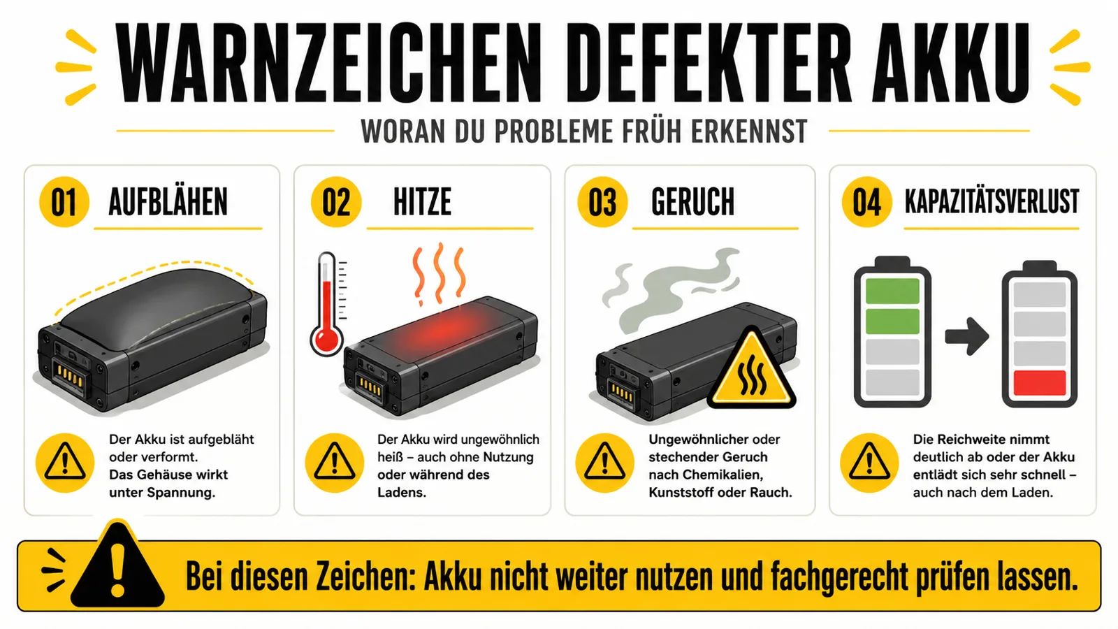 Warnzeichen für einen defekten E-Scooter-Akku: Aufblähen, Hitze, Geruch, Kapazitätsverlust