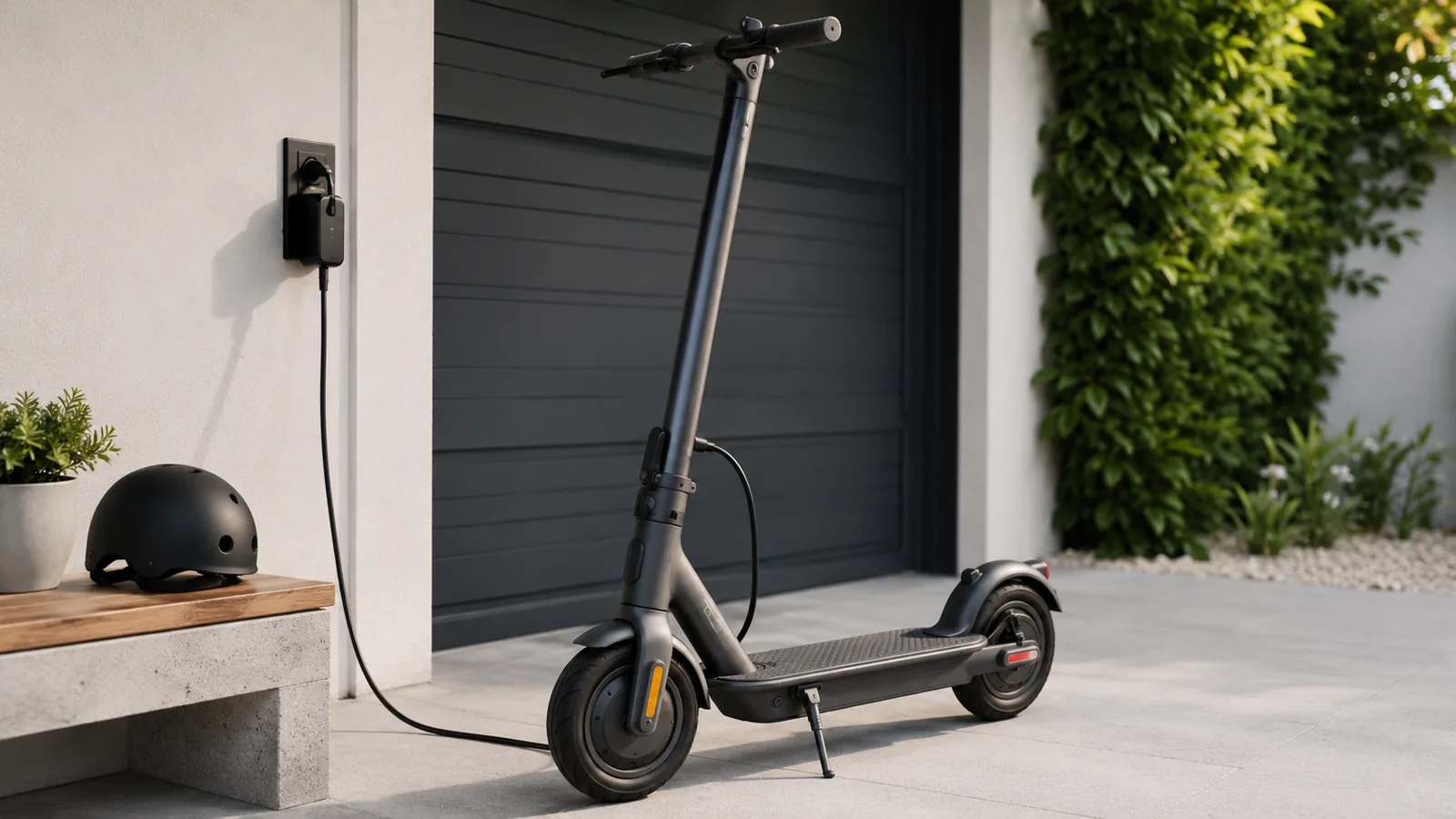 Schwarzer E-Scooter lädt ruhig an der Steckdose vor der Garage, daneben ein Helm auf der Bank, als Bild für sichere Akku- und Ladesituation