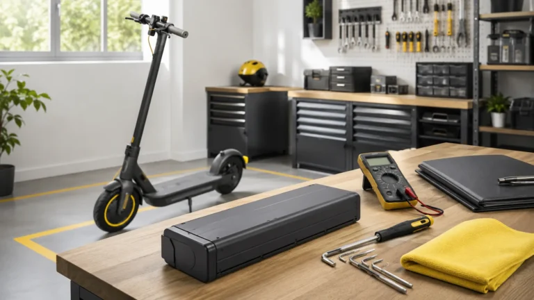 E-Scooter Akku-Tausch und Upgrade in heller Werkstatt mit Akku-Modul und Werkzeug