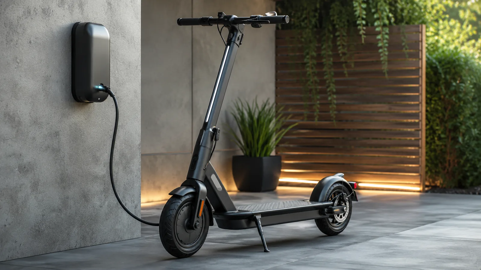 Moderner E-Scooter lädt an einer Wallbox auf einer stilvollen Außenterrasse