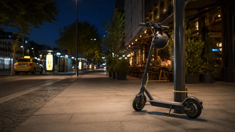 E-Scooter steht nachts sicher abgestellt neben Taxi und Bahn als Alternative nach Alkohol