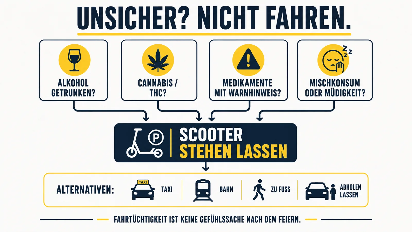 Infografik zeigt wann man nach Alkohol Cannabis Medikamenten oder Mischkonsum keinen E-Scooter fahren sollte