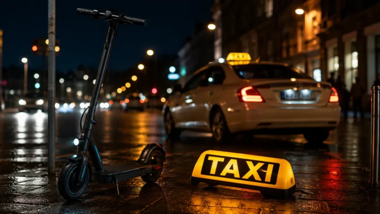 E-Scooter bleibt nachts sicher abgestellt neben Taxi als Alternative nach Alkohol