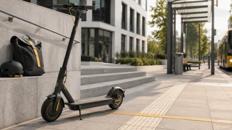 E-Scooter im Alltag mit Treppe, Tasche und Bahnstation als Praxis-Check