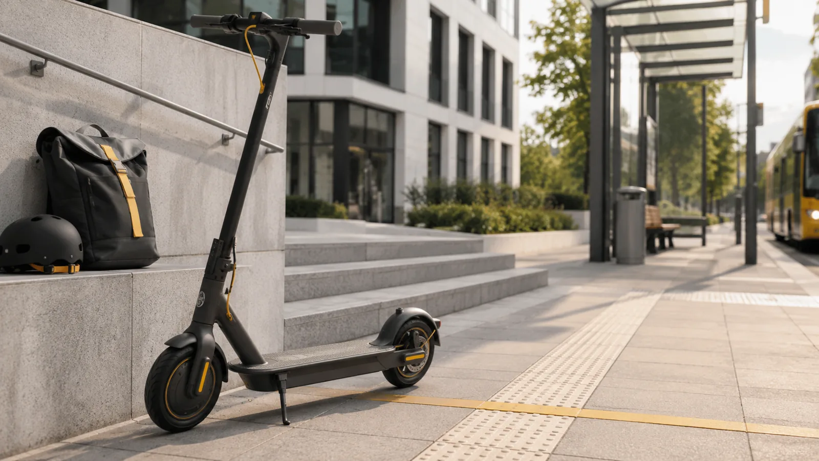 E-Scooter im Alltag mit Treppe, Tasche und Bahnstation als Praxis-Check
