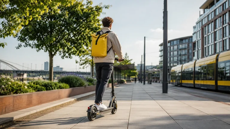 Pendler nutzt E-Scooter für kurze Alltagswege in der Stadt