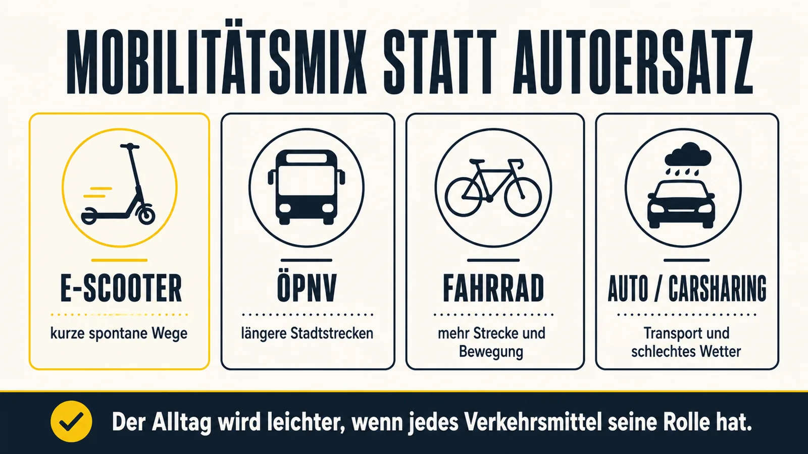 Infografik zum Mobilitätsmix aus E-Scooter, ÖPNV, Fahrrad und Auto