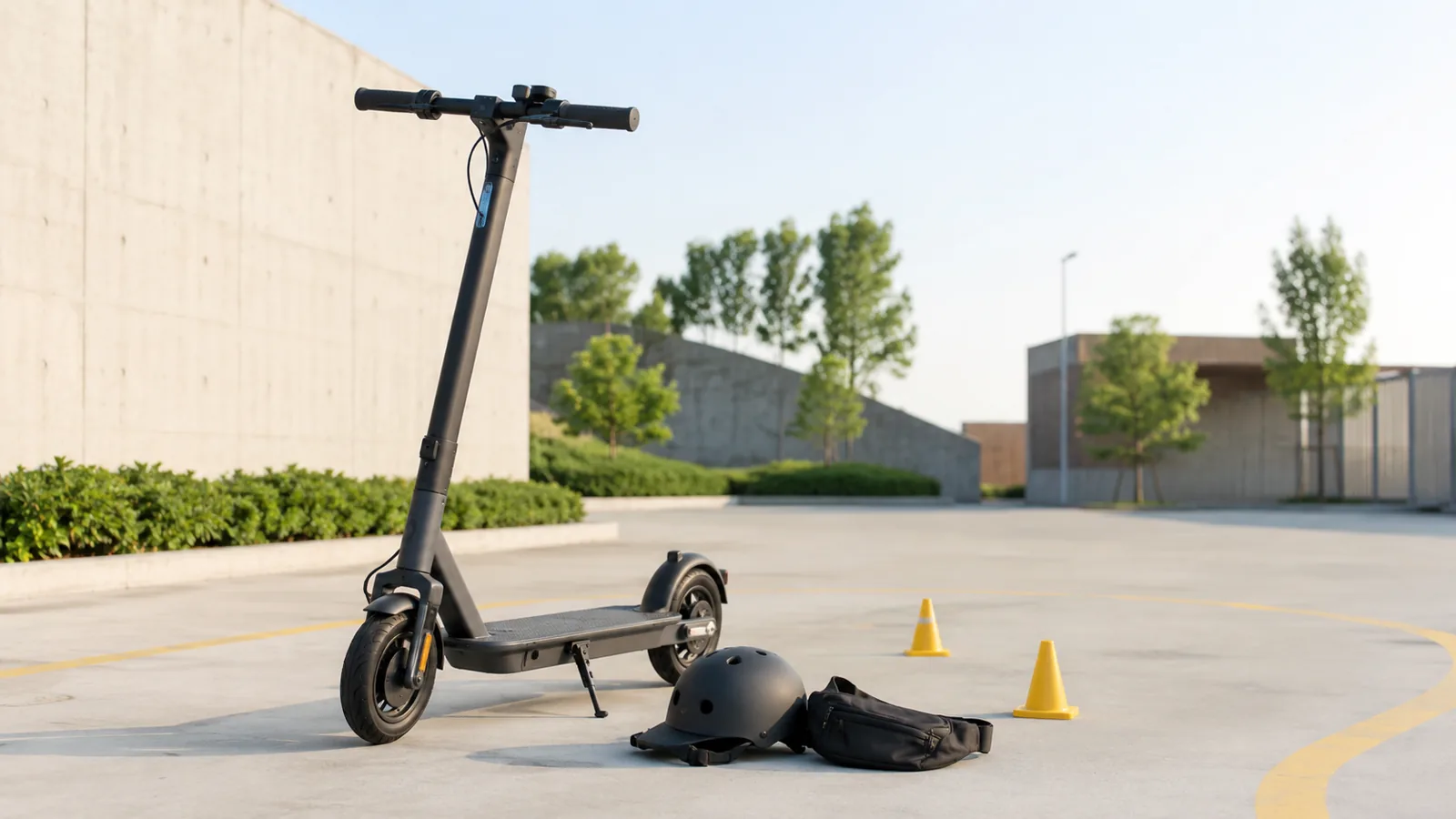 E-Scooter für Anfänger auf ruhiger Übungsfläche mit Helm und Markierung