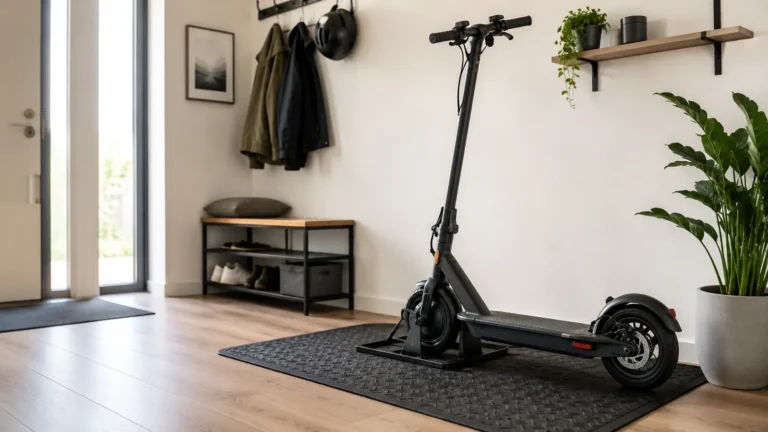 Moderner E-Scooter in einem stabilen Bodenständer auf einer Bodenmatte in einem aufgeräumten Wohnbereich