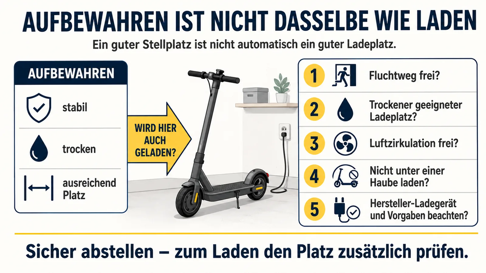 Fünf zusätzliche Sicherheitsprüfungen für einen E-Scooter-Stellplatz, an dem auch geladen wird