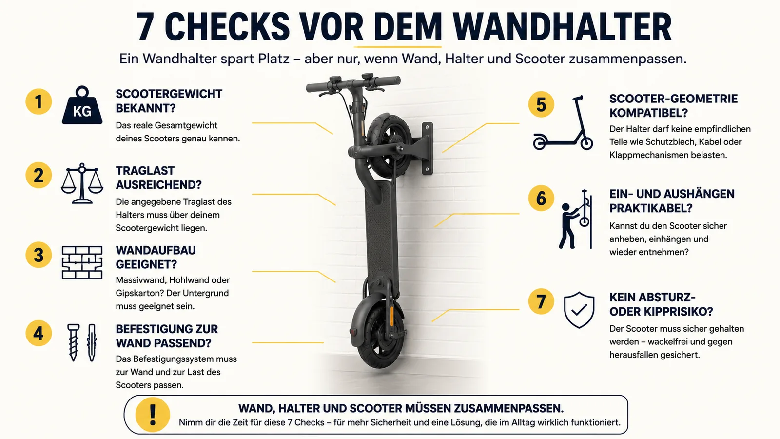 Sieben Prüfpunkte für Fahrzeuggewicht, Wand, Traglast und sichere Montage eines E-Scooter-Wandhalters