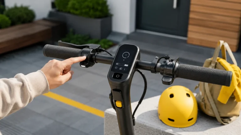E-Scooter Dashboard und Bedienelemente in heller Alltagsszene