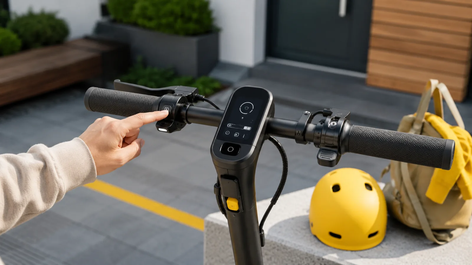 E-Scooter Dashboard und Bedienelemente in heller Alltagsszene