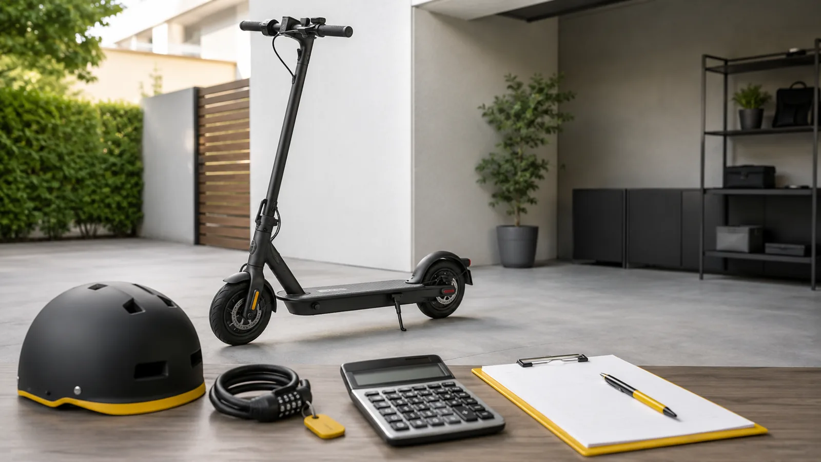 E-Scooter Kaufentscheidung mit Checkliste, Taschenrechner und Helm in heller Alltagsszene