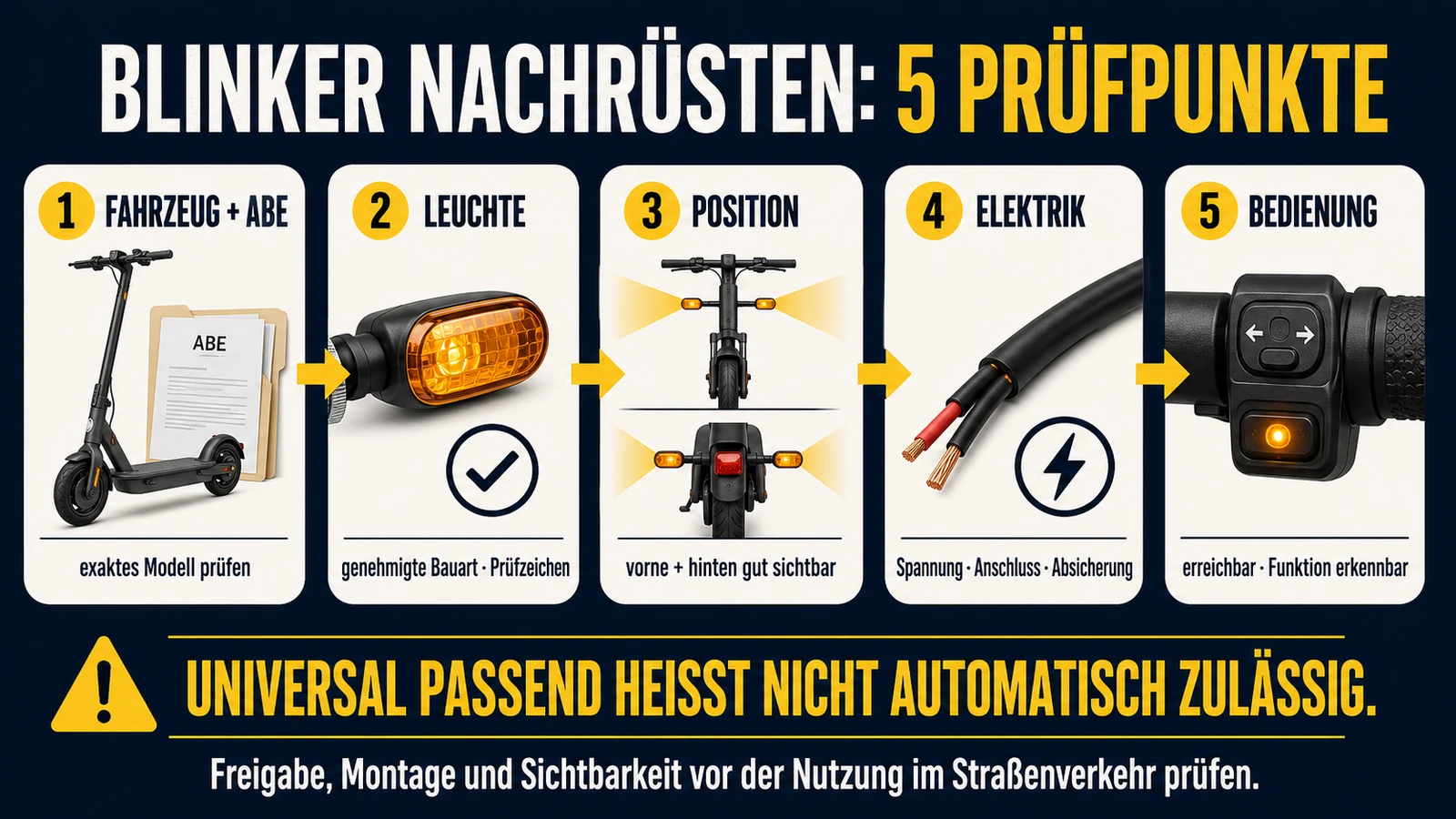 Infografik fünf Prüfpunkte beim Blinker-Nachrüsten am E-Scooter
