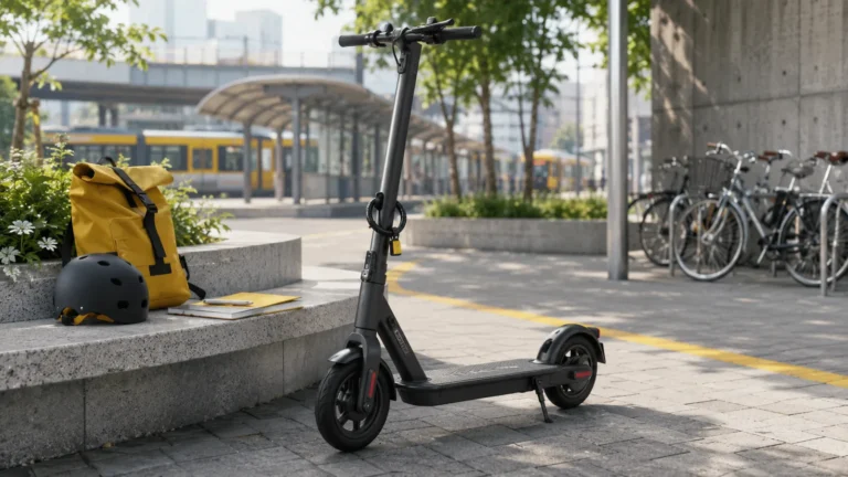 E-Scooter in heller Stadtalltagsszene mit Tasche, Helm und Haltestelle
