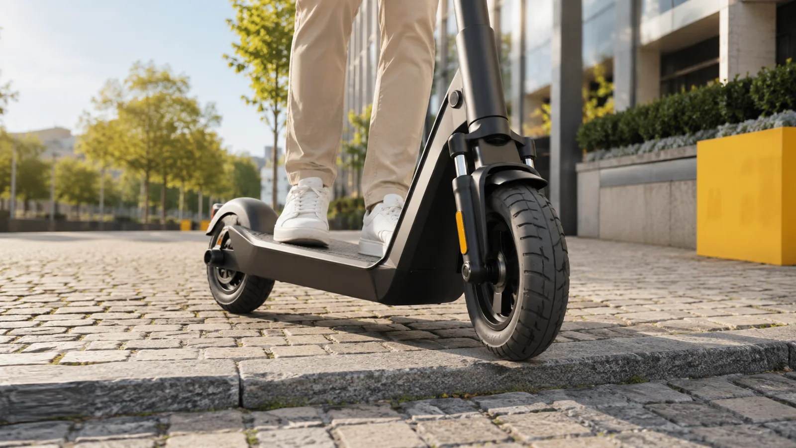 E-Scooter mit breiten Luftreifen und großem Deck auf unruhigem Stadtboden