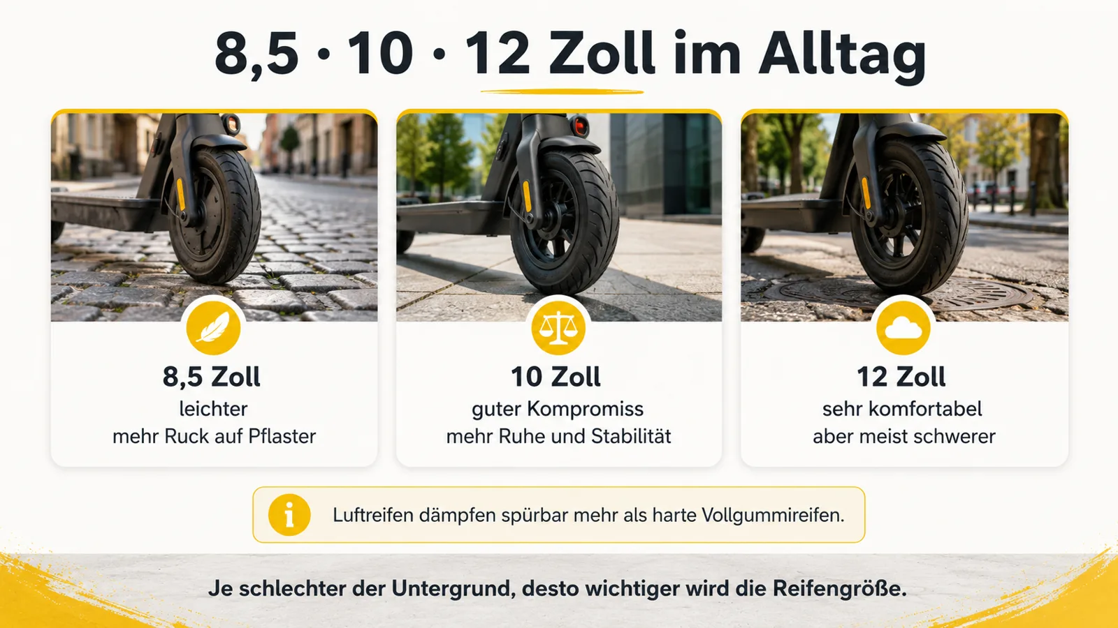 Infografik vergleicht E-Scooter Reifengrößen 8,5 Zoll 10 Zoll und 12 Zoll im Alltag