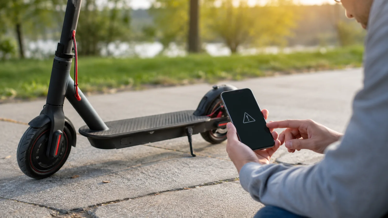 Hand hält Smartphone mit Warndreieck-Symbol vor abgestelltem E-Scooter, sachlicher Fehler- und Diagnosekontext