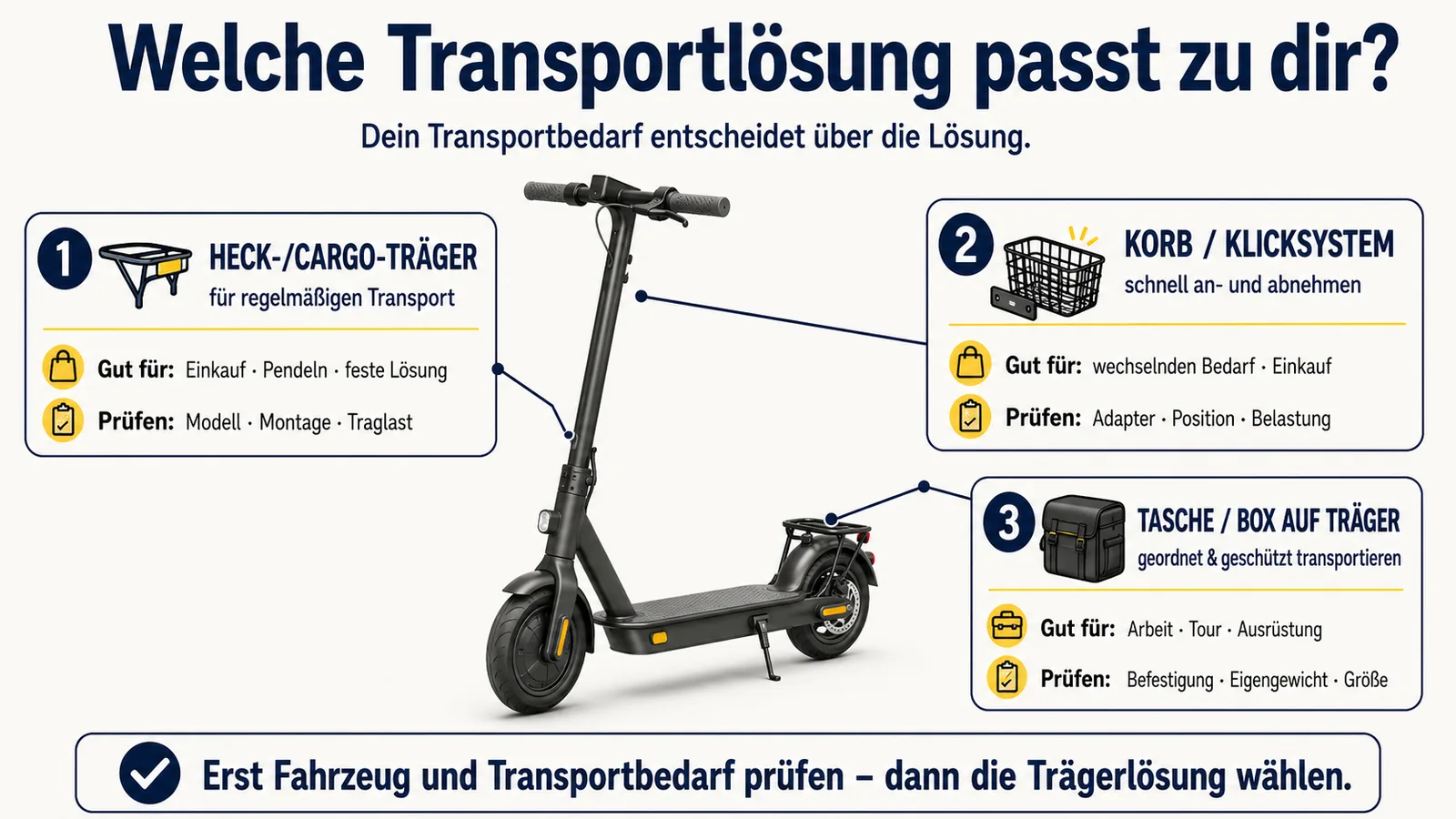 Vergleich von Heck-Cargo-Träger, Korb mit Klicksystem und Tasche auf Träger für E-Scooter
