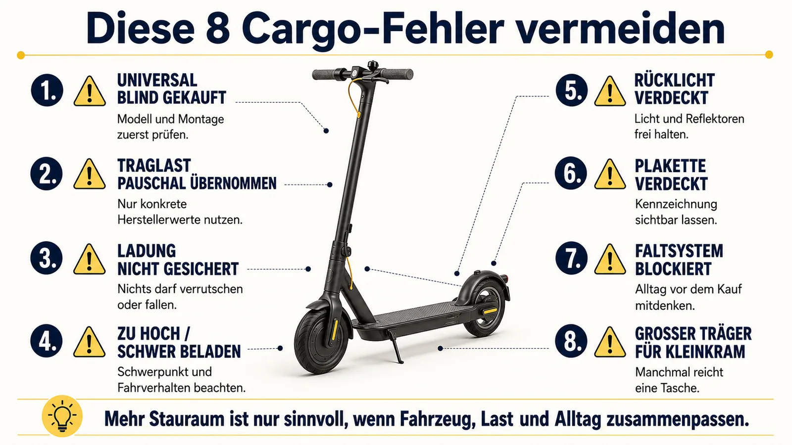 Acht typische Fehlkäufe bei E-Scooter-Gepäckträgern, Körben und Cargo-Lösungen