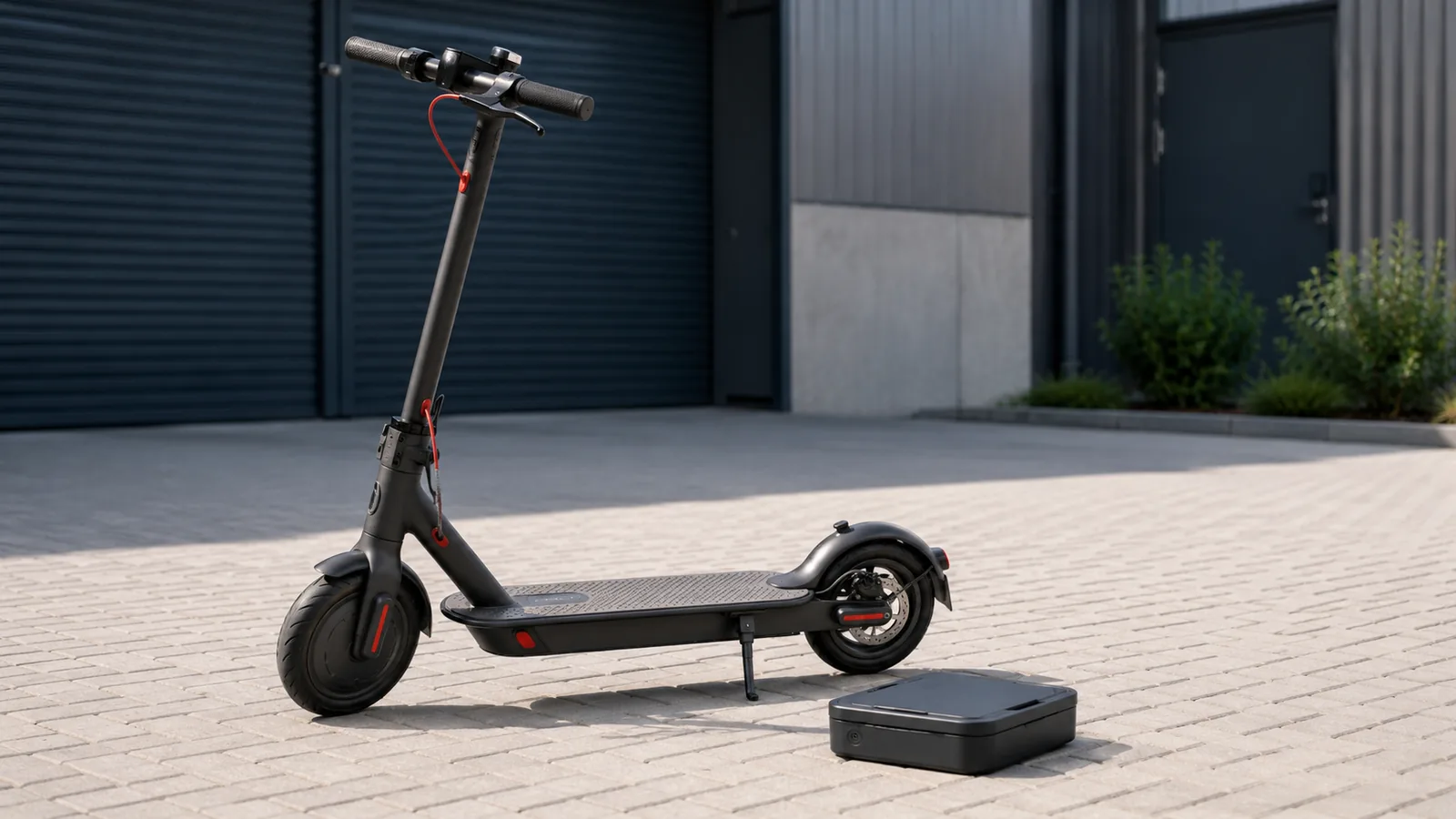 Schwarzer E-Scooter auf gepflastertem Hof mit geschlossenem schwarzem Technikmodul daneben, sachlicher Prüfcharakter