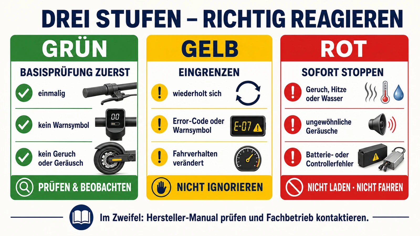 Ampel-Infografik Grün, Gelb, Rot: richtig reagieren bei E-Scooter-Defekten