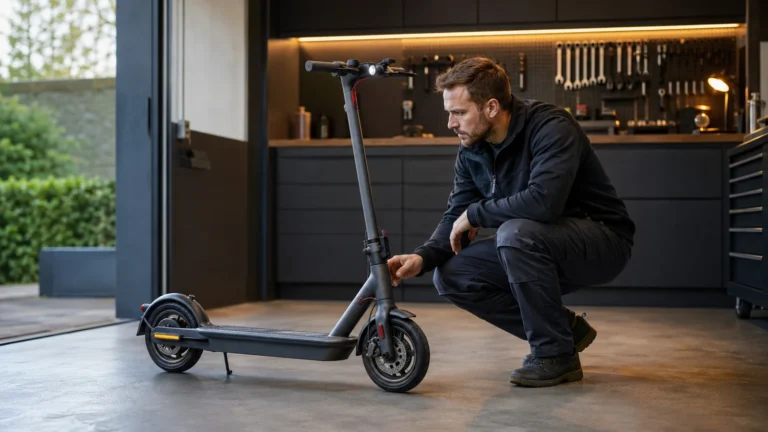 Mann inspiziert einen E-Scooter in einer Werkstatt auf mögliche Defekte