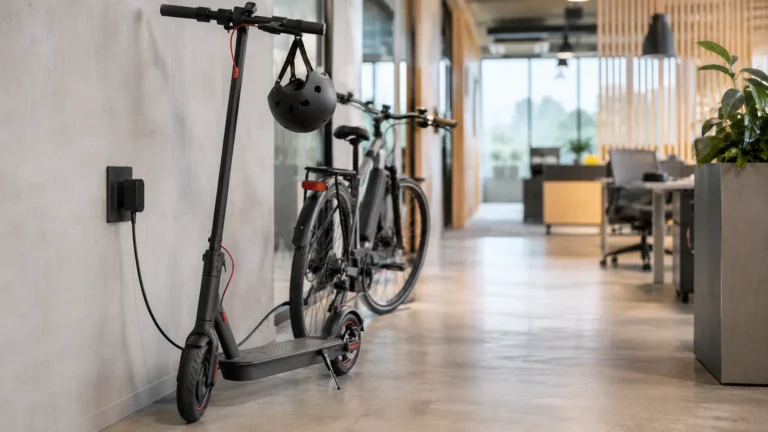E-Scooter und E-Bike laden an einer Steckdose in einer Büroumgebung