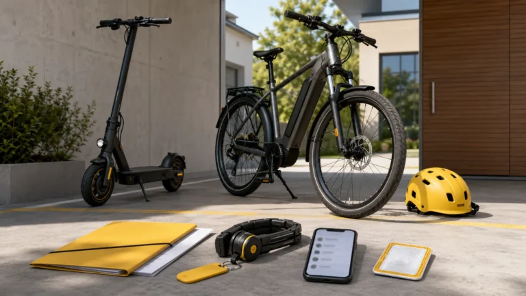 E-Scooter und E-Bike mit Versicherungsunterlagen Schloss und neutralem Kennzeichen in heller Alltagsszene