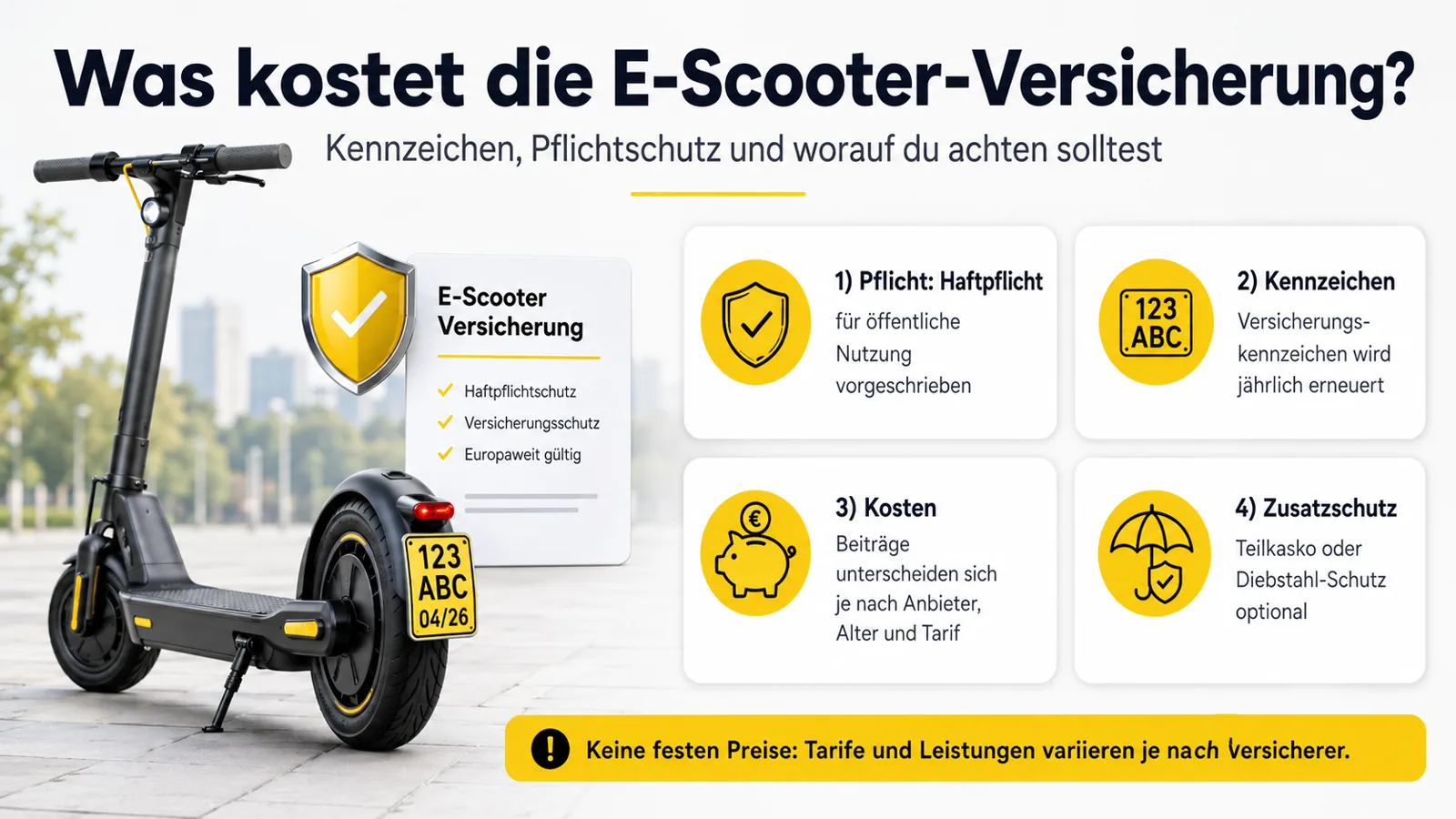 Infografik zu Kosten Kennzeichen und Preisfaktoren der E-Scooter-Versicherung