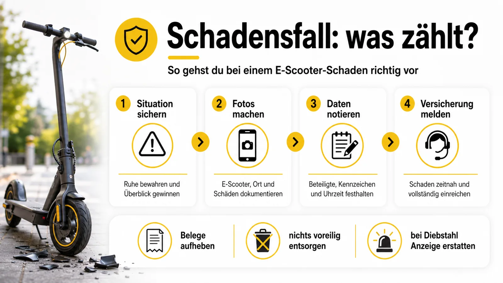 Infografik zum richtigen Vorgehen im Schadensfall bei E-Scooter und E-Bike