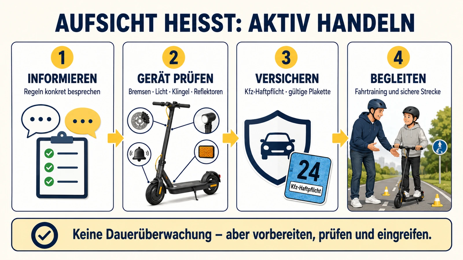 Infografik zur Aufsichtspflicht: informieren, Gerät prüfen, versichern, begleiten